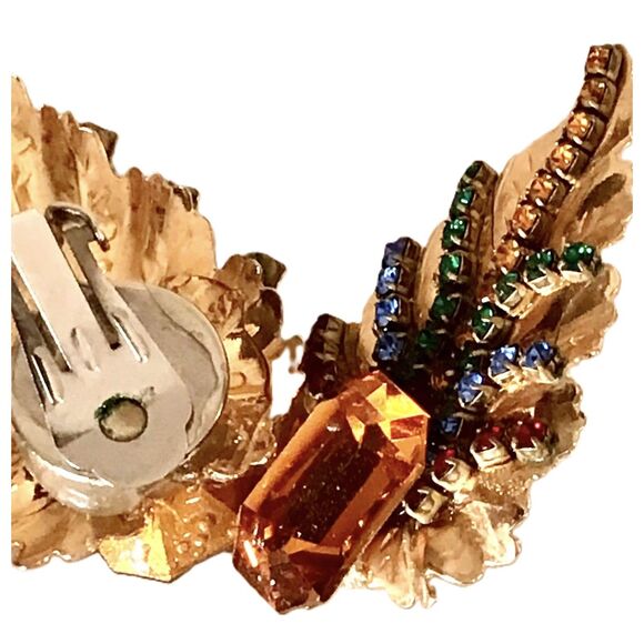 1980s Vintage Statement Clip Ons Earrings, Amber Stone and Jewel Tone Accents - Picture 2 of 2